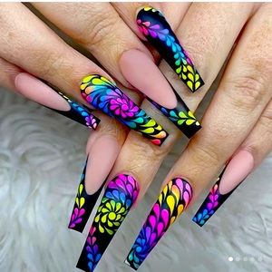 SOLD Long Ballerina French Tip Sunflower Kaleidoscope Design Press-On Nails